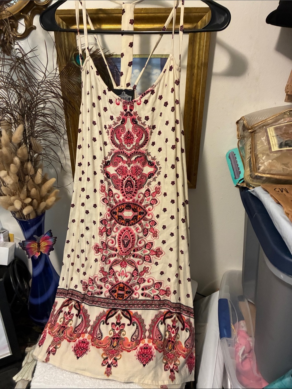 Angie Cream Mini Dress with Pink & Coral Boho Print